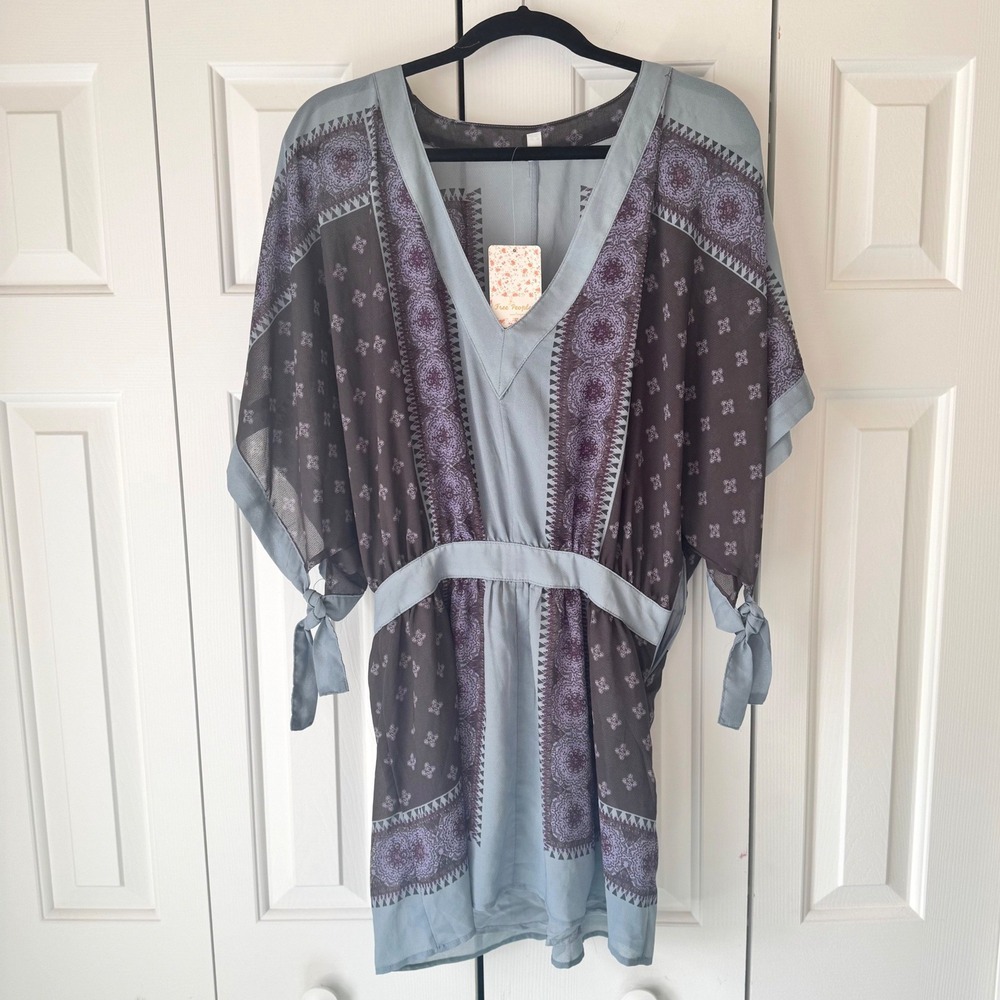 Free People XS Blue Brown Paisleyβ Boho Kimono Sleeve Tunic Mini Dress NWT